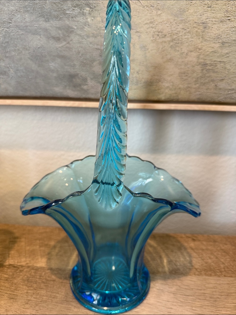 Vintage Aqua Blue Glass Basket with Twisted Handle